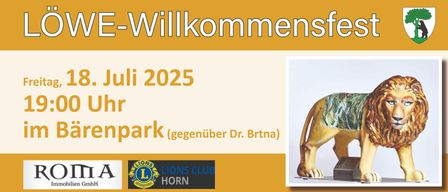 Ein Poster für die Veranstaltung des Lions Club Horn im Jahr 2025 im Park. Das Poster hat einen gelben Hintergrund mit Text in Weiß und Gold. Auf der rechten Seite ist ein Bild eines Löwen.