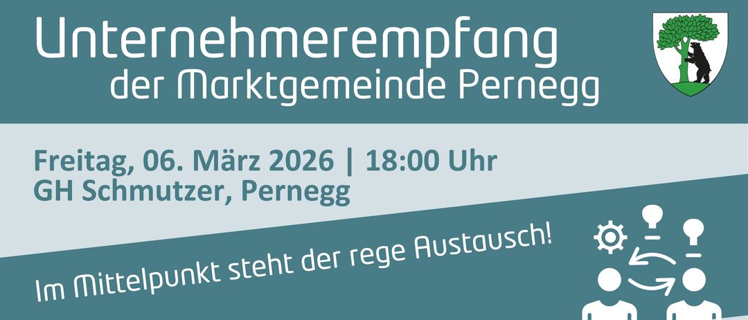 Ein Plakat für die Gemeinde Pern-Veranstaltung im März 2026 um 18:00 Uhr. Es steht 'Austausch ist regelmäßig'.