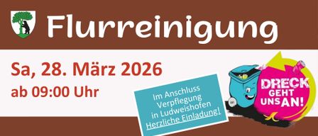 Plakat mit braunem und weißem Hintergrund, das den Text 'arreinigung' in Weiß und 'arz 2026' in Rot zeigt. Blaue Box mit weißem Text: 'Im Anschluss Verflegung in Ludwigshofen! Herzliche Einladung!'.