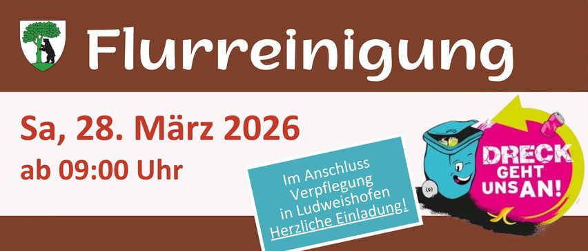 Poster with brown and white background, featuring the text 'arreinigung' in white and 'arz 2026' in red. Blue box with white text reads 'Im Anschluss Verflegung in Ludwigshofen! Herzliche Einladung!'.
