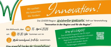 An April 15, 2026, at 18:30, a regional innovation event is scheduled. Karl Wilting and Johanna Mikl-Leitner will speak, with Markus Hengstschläger leading a discussion on innovation. Registration is required for the event.