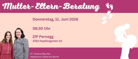 Plakat für eine Veranstaltung namens 'Eltern-Beratungen' am 11. Juni 2026, um 15:00 Uhr. Ort: Pernegg Hopfengarten 14. Gastgeber: Anna Rauchle und Catherine Wurth.
