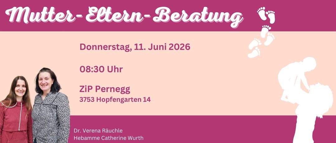 Plakat für eine Veranstaltung namens 'Eltern-Beratungen' am 11. Juni 2026, um 15:00 Uhr. Ort: Pernegg Hopfengarten 14. Gastgeber: Anna Rauchle und Catherine Wurth.