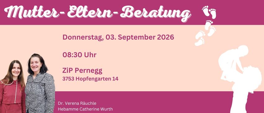 Eltern-Beratungs poster with date September 3, 2026, time 3:00 PM, location Pernegg Hopfengarten 14, and names Anna Rauchle and Catherine Wurth.
