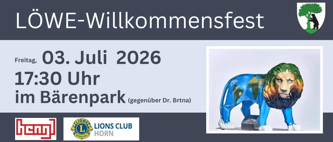 Werbung für den Lions Club Horn im Jahr 2026. Das Bild zeigt einen großen blauen Löwen mit der Welt auf dem Rücken.