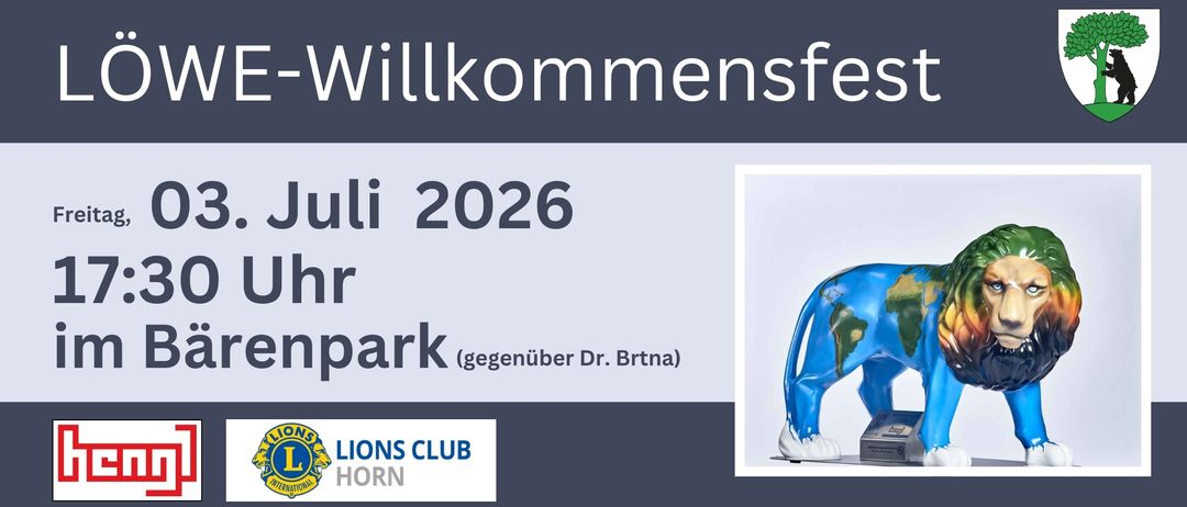 Werbung für den Lions Club Horn im Jahr 2026. Das Bild zeigt einen großen blauen Löwen mit der Welt auf dem Rücken.