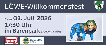 Advertisement for Lions Club Horn in 2026. The image shows a large blue lion with the world on its back.