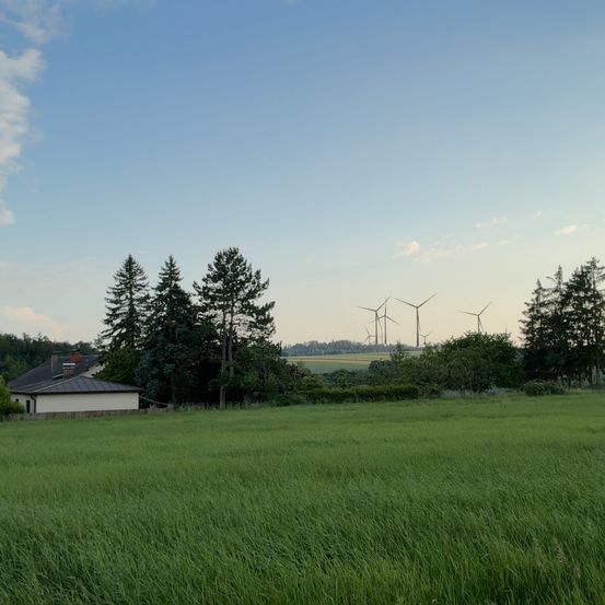 Eine ländliche Landschaft mit einem Haus, Bäumen und Windrädern unter einem klaren blauen Himmel mit verstreuten Wolken.