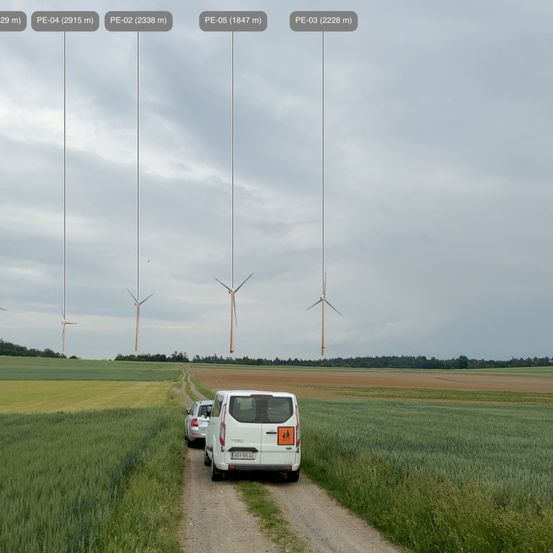 Ein Feldweg mit zwei Vans fährt an Windturbinen auf einem bewölkten Tag vorbei. Die Höhen der Windturbinen sind markiert.
