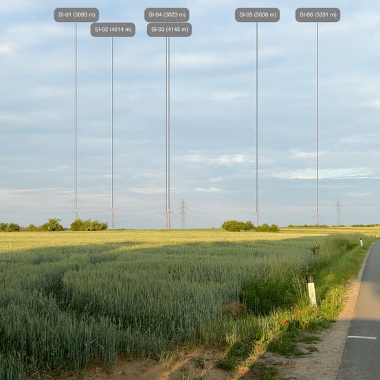 Eine ländliche Landschaft mit einer Straße, weiten grünen Feldern und Windturbinen. Höhen sind über den Feldern markiert.