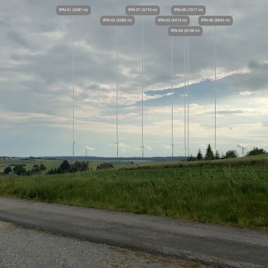 Eine ländliche Straße erstreckt sich unter einem bewölkten Himmel in die Ferne, wobei mehrere Windturbinen im Hintergrund zu sehen sind. Der Boden ist mit saftigem grünem Gras bedeckt, und verschiedene Entfernungen sind durch Text entlang des Bildes gekennzeichnet.