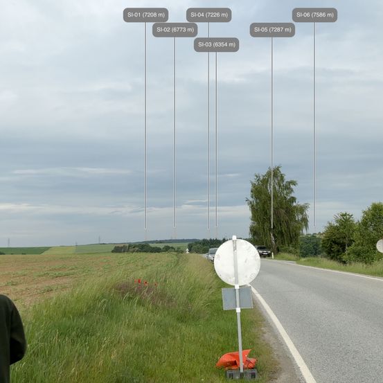 Eine Straße mit einem weißen Schild und einem Pfosten mit mehreren Etiketten. Rechts befinden sich Bäume und Büsche und links ein grasiges Feld mit roten Blumen. Ein Auto ist in der Ferne geparkt.