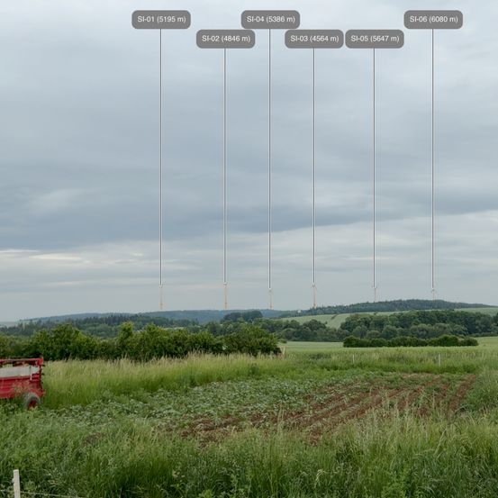Eine ländliche Landschaft mit einem Traktor auf einem Feld. Der Himmel ist bewölkt. Hohe Masten mit SI-Kennungen und Höhen sind sichtbar. Bäume und Hügel sind im Hintergrund.
