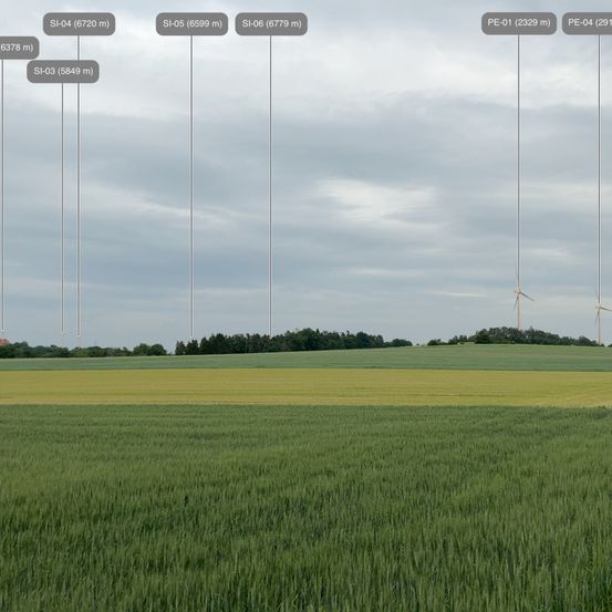 Ein weitläufiges grünes Feld mit zwei Windrädern in der Ferne unter einem bewölkten Himmel. Das Feld ist in zwei Abschnitte unterteilt, einer mit leicht gelblichem Gras.