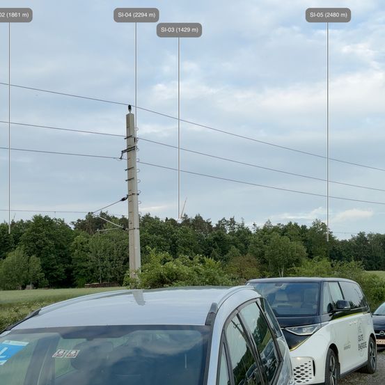 Ein sonniger Tag mit einigen Wolken, einem hohen Metallmast mit elektrischen Leitungen und einem grasigen Feld. Es sind drei Fahrzeuge im Feld geparkt, ein weißes Auto, ein weiß-schwarzer Van und ein schwarzes Auto.