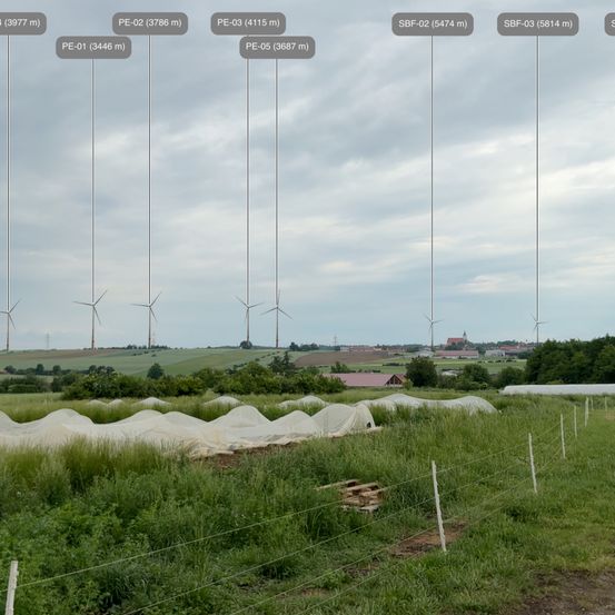 Ein Feld mit Windturbinen im Hintergrund. Auf dem Boden liegen abgedeckte Pflanzen und rechts eine Umzäunung. Der Himmel ist bewölkt.