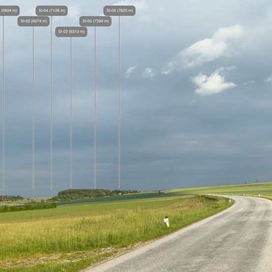 Eine Landstraße unter einem bewölkten Himmel. Die Straße ist leer und von Grasfeldern umgeben. Es gibt fünf nummerierte vertikale Linien mit Höhen.