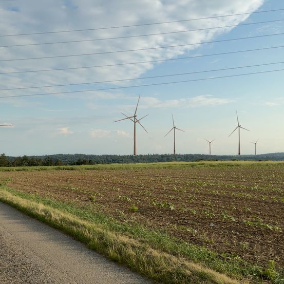 Eine ländliche Landschaft mit Windturbinen in der Ferne unter teilweise bewölktem Himmel.