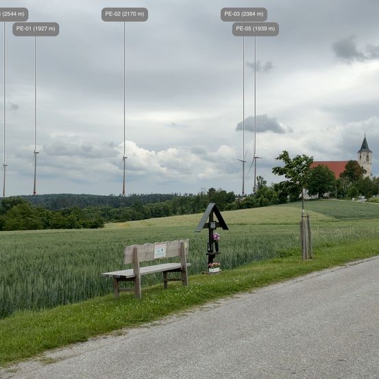 Eine Bank steht neben einem Denkmal in einem Grasfeld. Ein Feldweg verläuft neben dem Feld. Eine Kirche und Windturbinen sind in der Ferne.