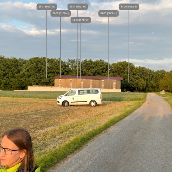 Ein weißer Van steht auf einem Feld. Der Himmel ist bewölkt. Im Hintergrund befindet sich ein großes Gebäude mit mehreren Antennen, die mit SI-01 bis SI-06 gekennzeichnet sind.
