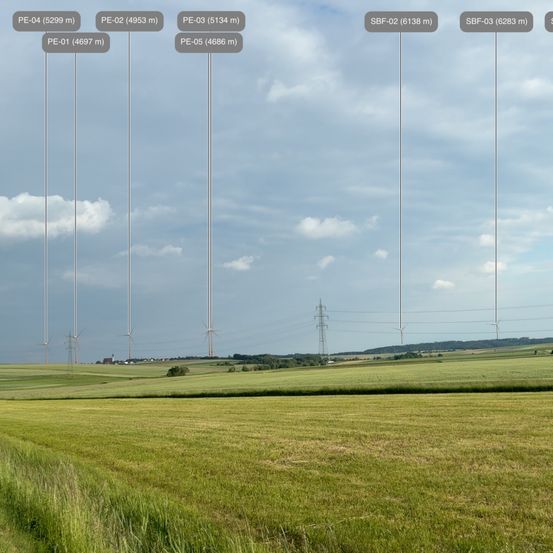 Das Bild zeigt ein weitläufiges grünes Feld mit mehreren hohen Windrädern, die mit verschiedenen Höhen in Metern gekennzeichnet sind. Der Himmel ist teilweise bewölkt.