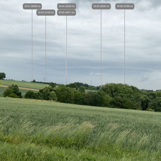 Ein Landschaftsbild zeigt ein breites grünes Feld unter einem bewölkten Himmel mit sechs beschrifteten Türmen, die ihre Höhen angeben.