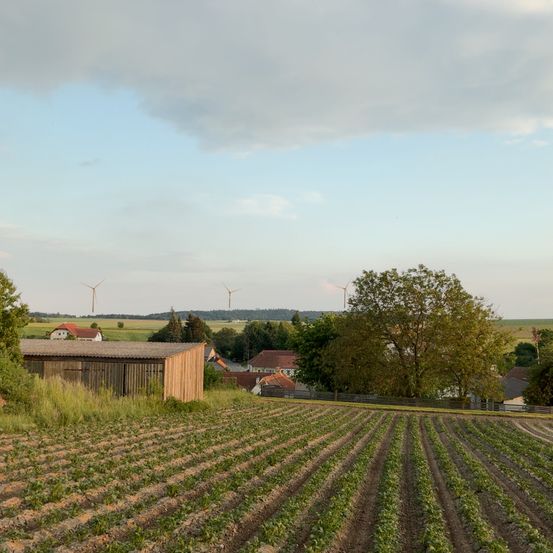 Eine ländliche Landschaft mit einem Feld, einem Holzschuppen, Häusern und Windrädern unter einem teilweise bewölkten Himmel.
