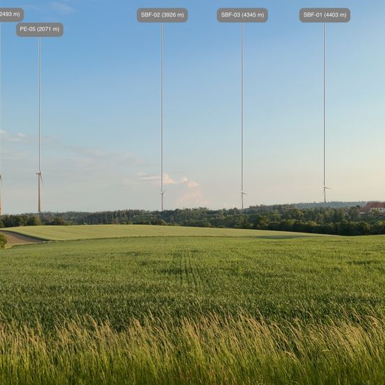 Ein Bild einer ländlichen Landschaft mit mehreren Windturbinen in unterschiedlichen Höhen über einem grünen Feld und Horizont.