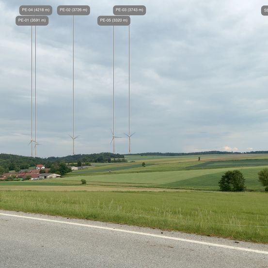Eine malerische Ansicht einer ländlichen Landschaft mit fünf Windturbinen, die mit Höhenangaben versehen sind, vor einem bewölkten Himmel. Im Vordergrund ist ein Grasfeld und eine Straße zu sehen.