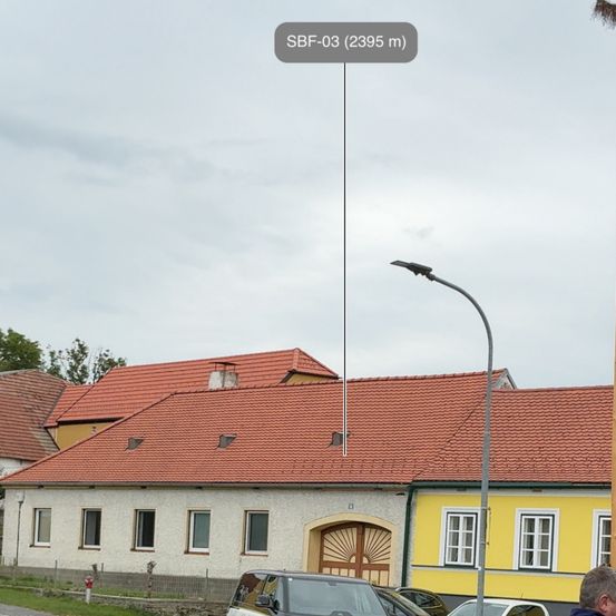 Fünf Personen, darunter zwei Frauen, stehen auf der Straße, wobei drei von ihnen ein Klemmbrett halten. Ein Van ist in der Nähe geparkt. Gebäude mit roten Dächern und ein Kirchturm sind sichtbar.