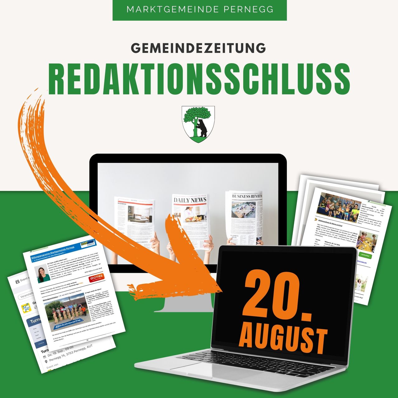 Plakat für die Gemeindezeitung Pernegg kündigt Redaktionsschließung an. Zeigt einen Laptop mit Zeitungsausschnitten, einen Monitor mit Papieren und ein Logo. Datum ist 20. August.