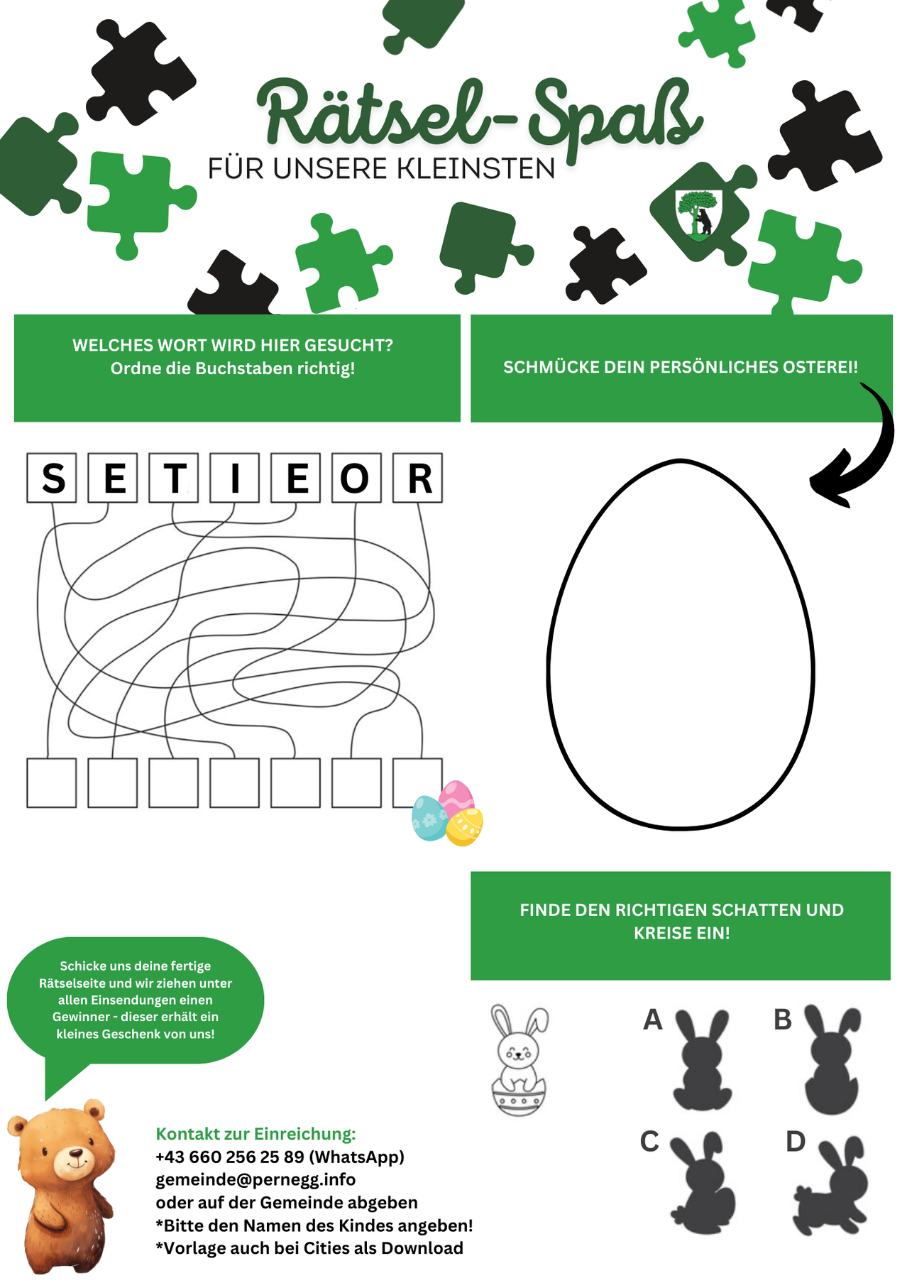 Puzzle pieces are arranged to spell a word. There is an image of a maze, and a rabbit is shown as the winner. A reward is mentioned for completing the puzzle.