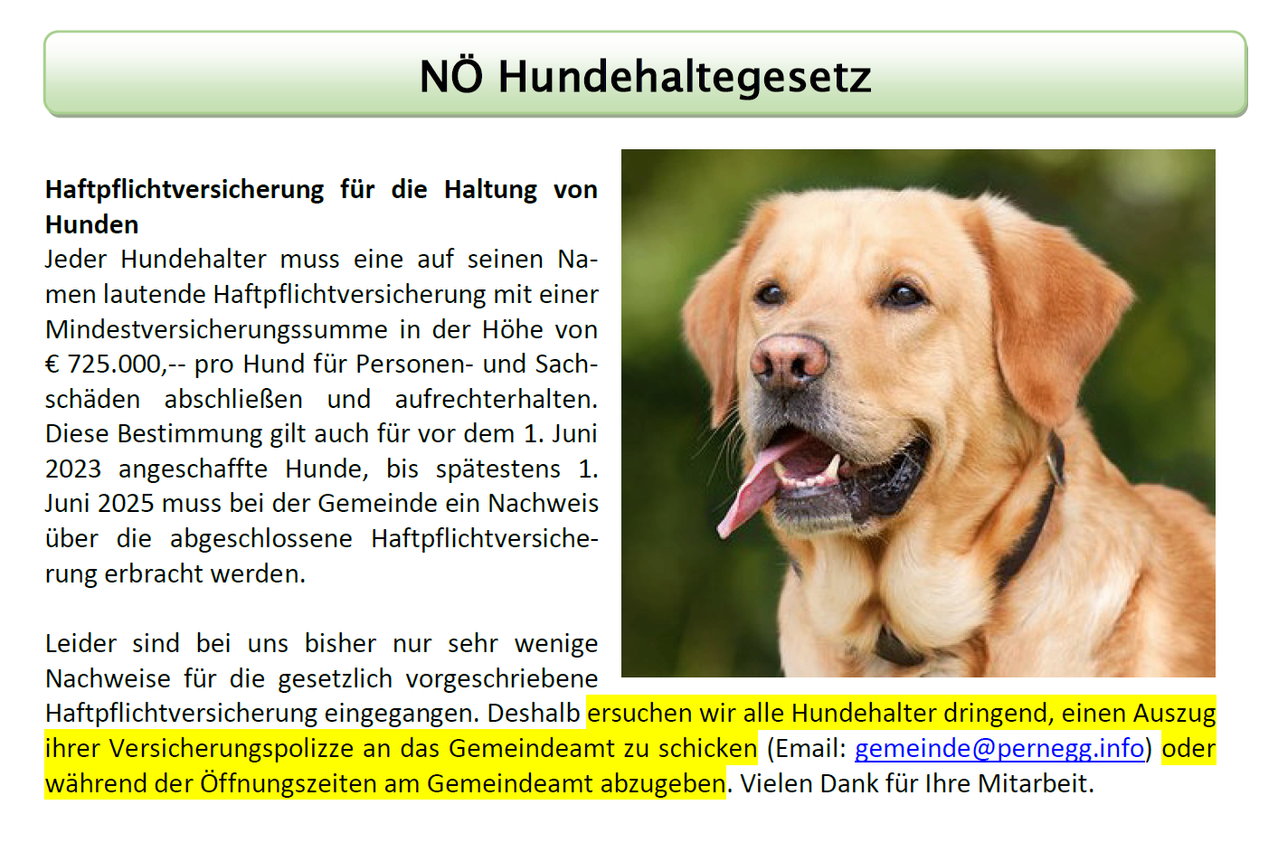 Das Bild zeigt das NÖ Hundehaltegesetz und fordert Hundebesitzer auf, einen Nachweis über die Haftpflichtversicherung beim Gemeindeamt per E-Mail einzureichen.