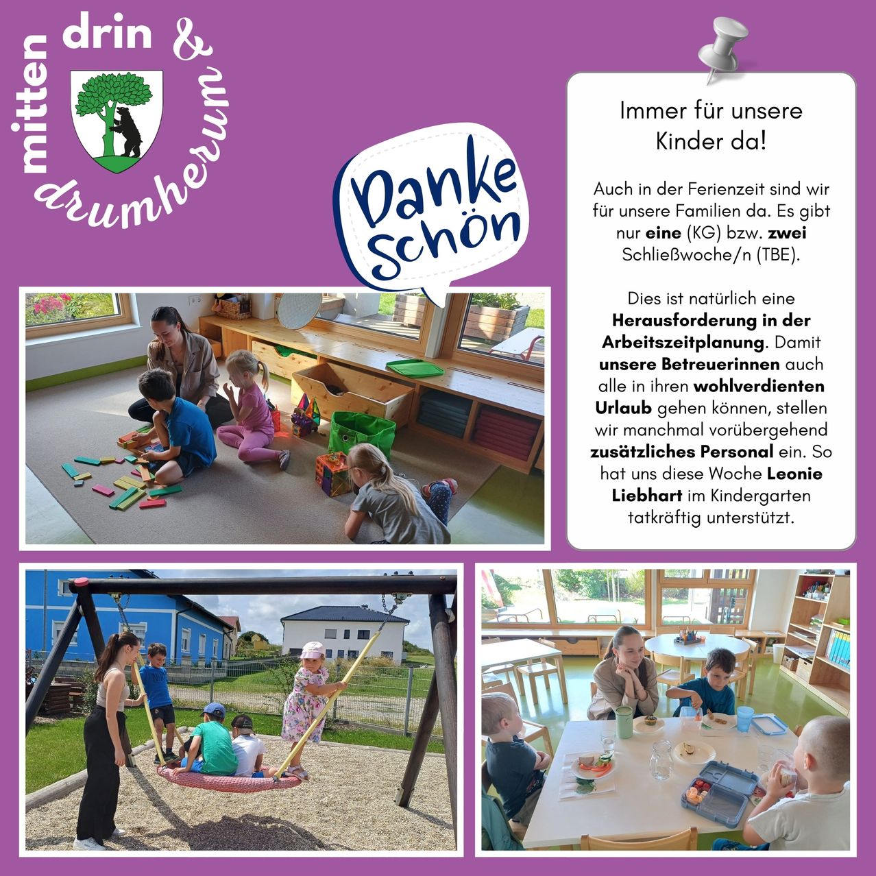 Werbeplakat für eine Kindertagesstätte mit Bildern von spielenden Kindern, einer Schaukel und Betreuern. Es betont die Hingabe der Einrichtung an Familien, insbesondere an Feiertagen, und den Bedarf an zusätzlichem Personal.