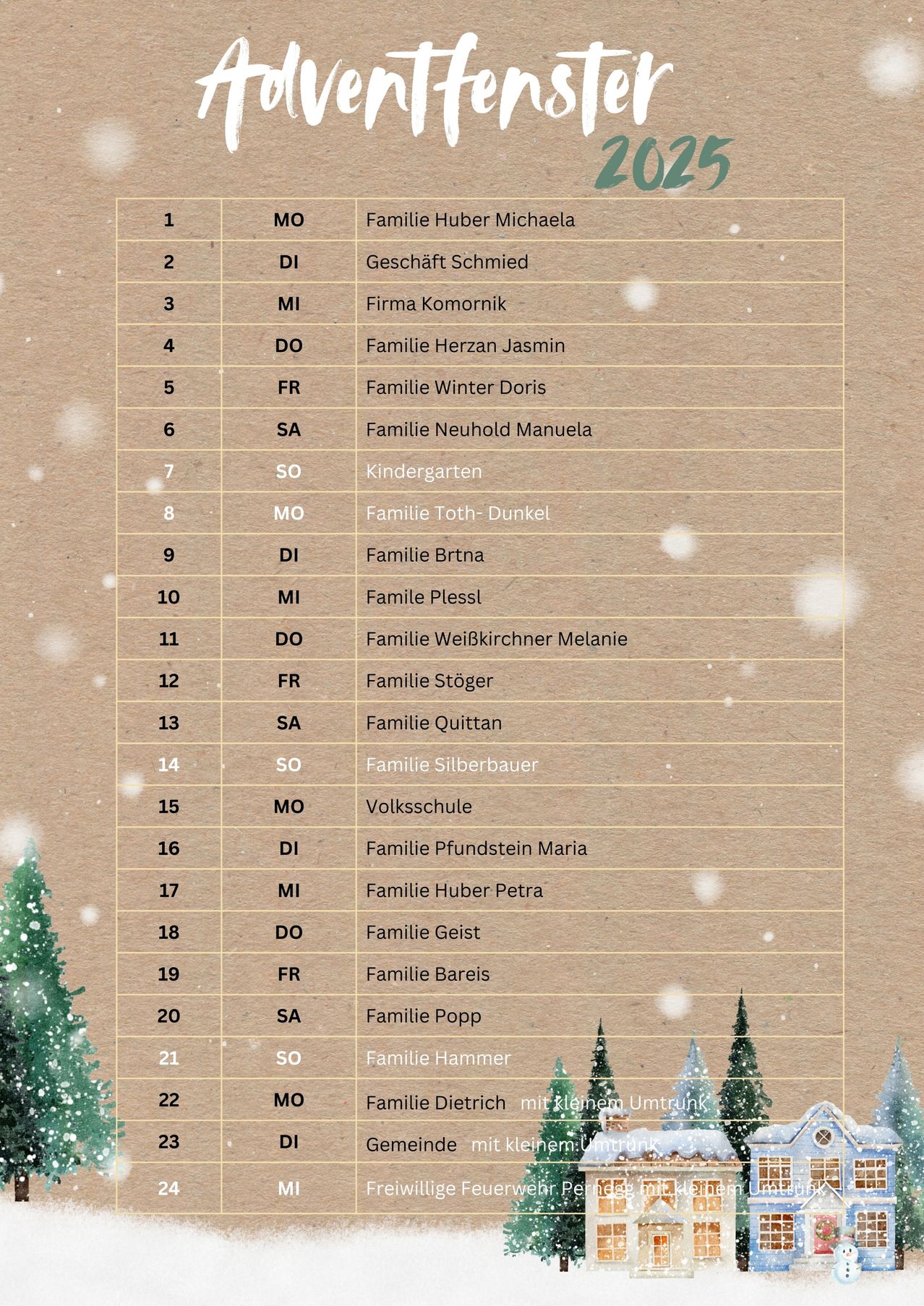 Eine Liste zeigt Datumsangaben von 1 bis 22. Jedes Datum ist mit einem Familiennamen und einem Ort gepaart. Der Hintergrund ist braun und hat Schneeflocken.