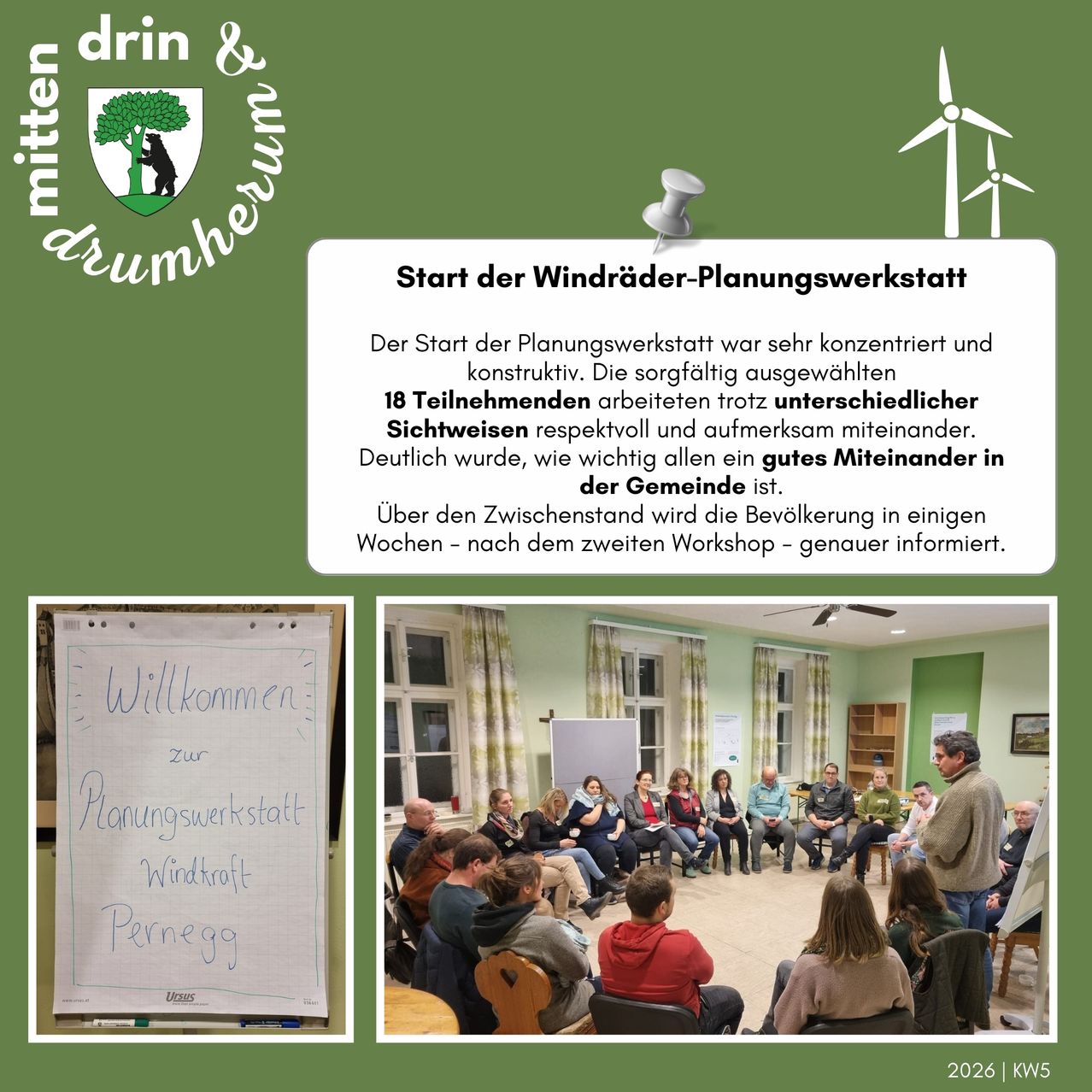 Der Start der Planungswerkstatt war sehr konzentriert und konstruktiv. 18 Teilnehmer arbeiteten respektvoll und aufmerksam miteinander. Deutlich wurde, wie wichtig allen ein gutes Miteinander in der Gemeinde ist.