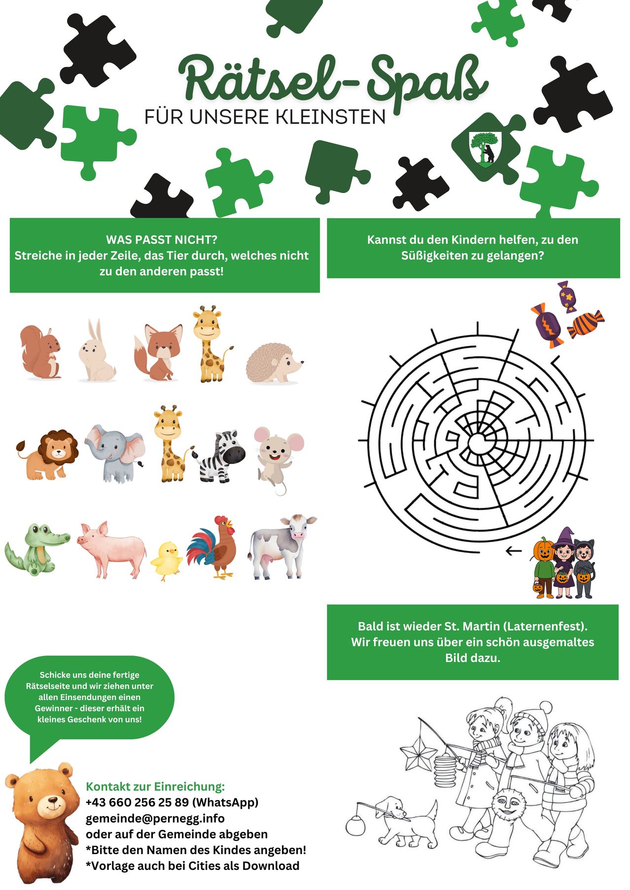 Eine Illustration mit Tieren und einem Labyrinth. Der Text fragt, Linien zu zeichnen, die nicht zu den Tieren passen. Es wird auch ein Laternenumzug erwähnt.