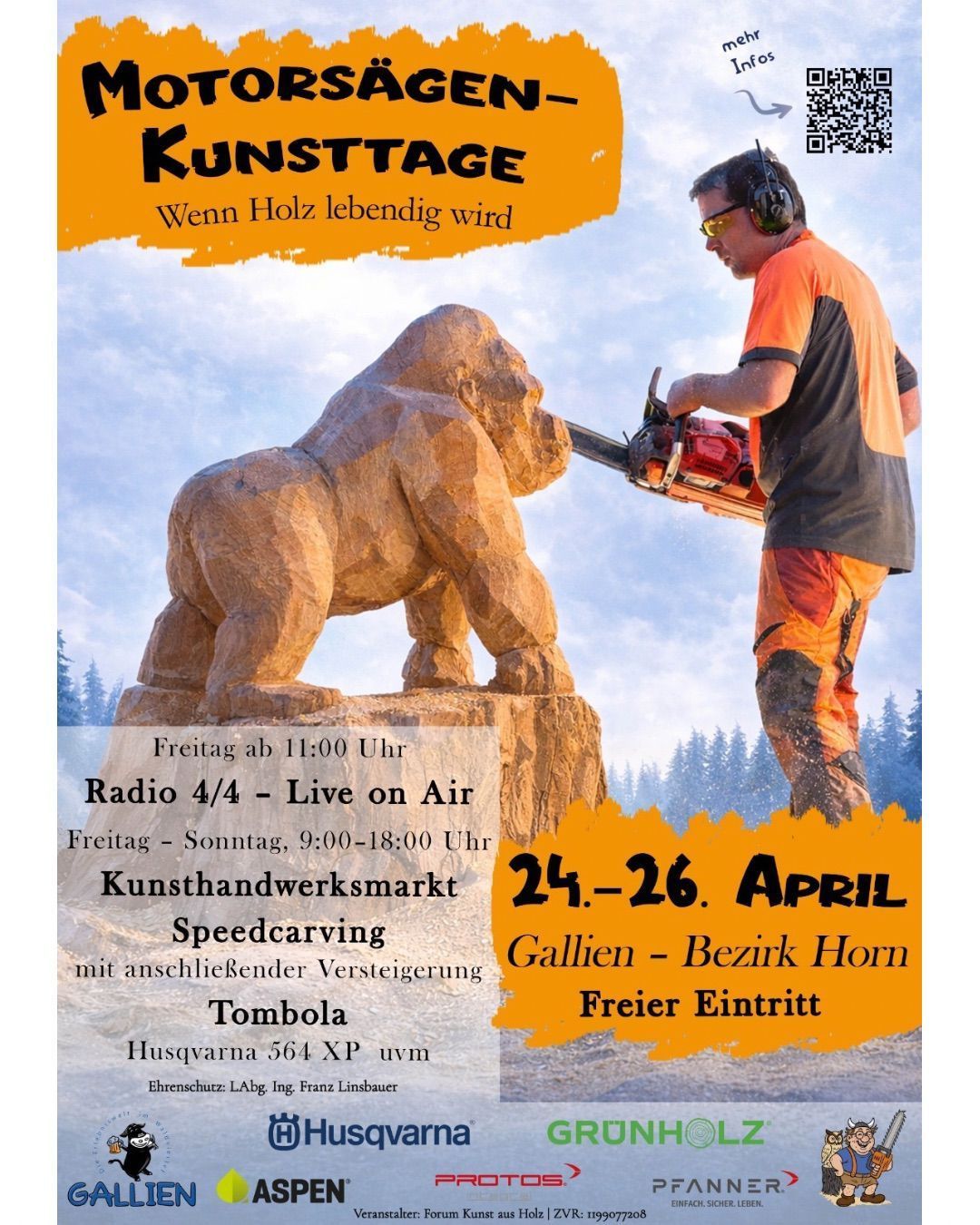 Ein Plakat für die Kunsttage zeigt einen Mann, der einen hölzernen Gorilla schnitzert. Es heißt, die Veranstaltung ist vom 24. bis 26. April. Freier Eintritt.