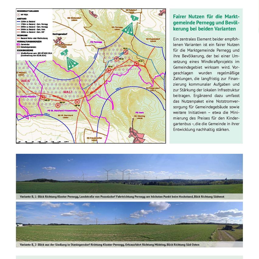 Das Bild zeigt zwei Karten. Die erste zeigt einen Plan für Windturbinen mit Entfernungs- und Standortindikatoren. Die zweite zeigt zwei Luftaufnahmen einer Landschaft mit Windturbinen.
