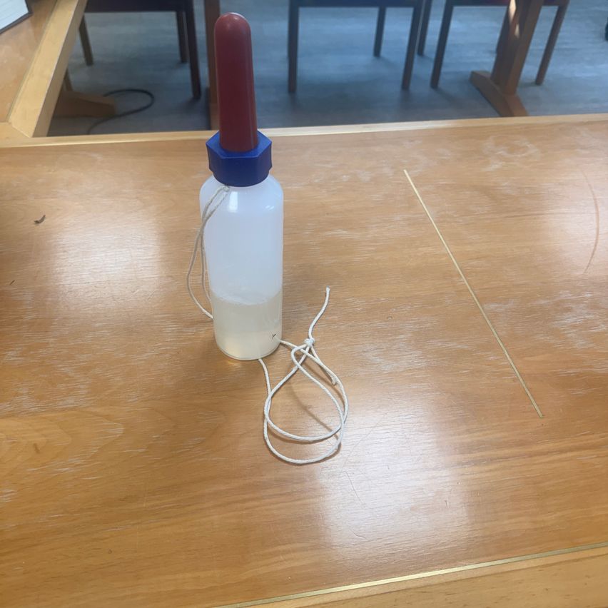 Eine kleine weiße Flasche mit blauem Deckel und rotem Auslauf steht auf einem Holztisch mit einem weißen Faden, der darum gebunden ist.