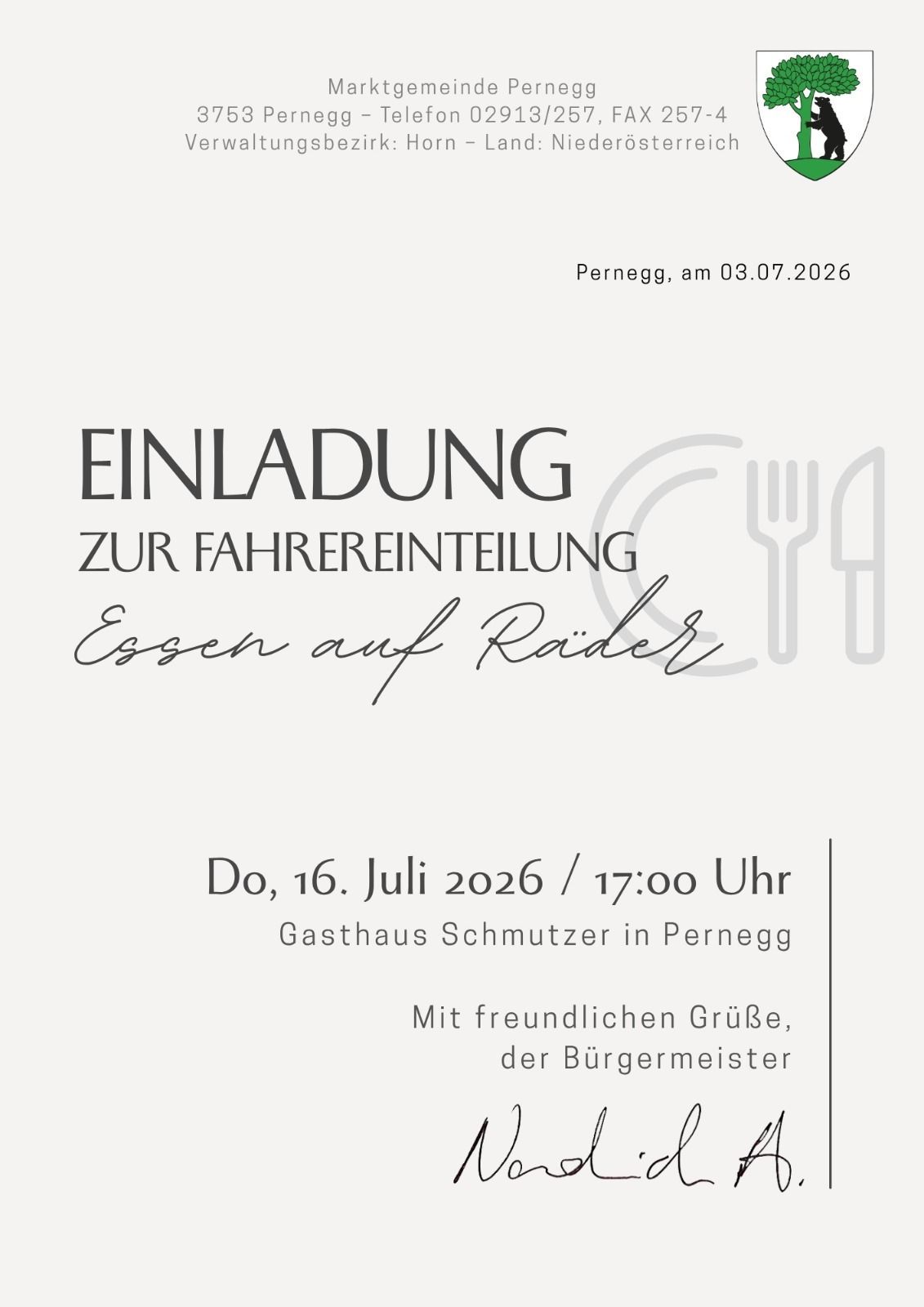 Eine Einladung für eine Fahrradveranstaltung am 16. Juli 2026 um 17:00 Uhr im Gasthaus Schmutzer in Pernegg. Die Einladung ist auf Deutsch verfasst.