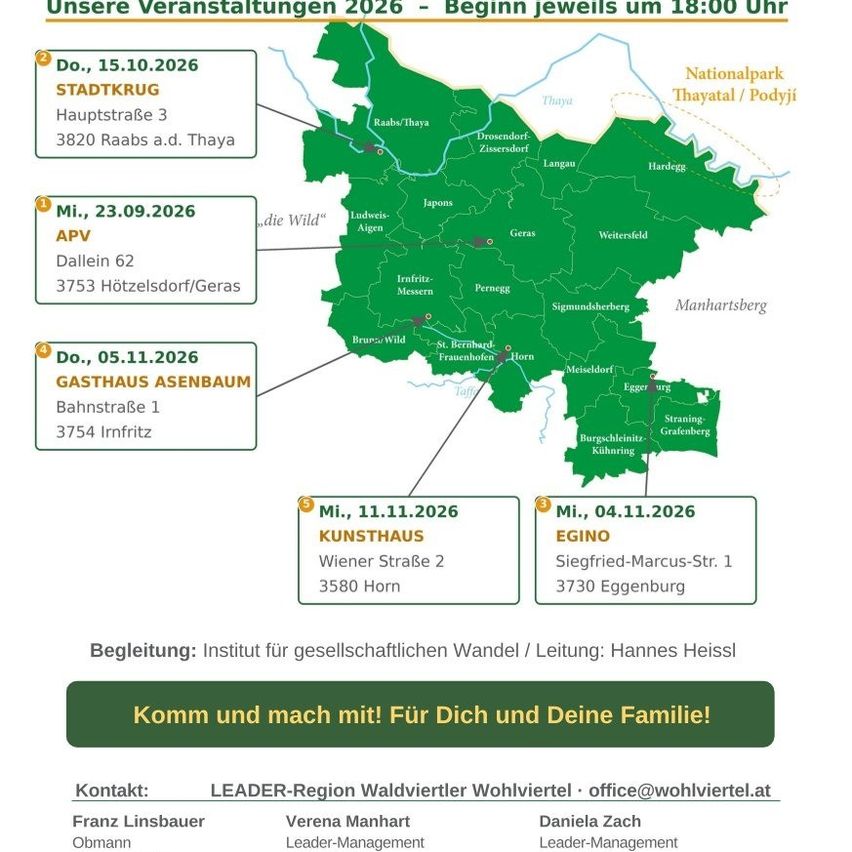 Ein Infographic zeigt eine Karte von Österreich mit fünf Veranstaltungsorten. Jeder Ort hat ein Datum, einen Veranstaltungsort und eine Adresse. Die Veranstaltungen sind für 2026 geplant, beginnend um 18:00 Uhr. Die Orte sind Stadtkrug, APV, Gasthaus Asenbaum, Kunsthaus und Egino. Die Kontaktinformationen und Leiter sind ebenfalls angegeben.