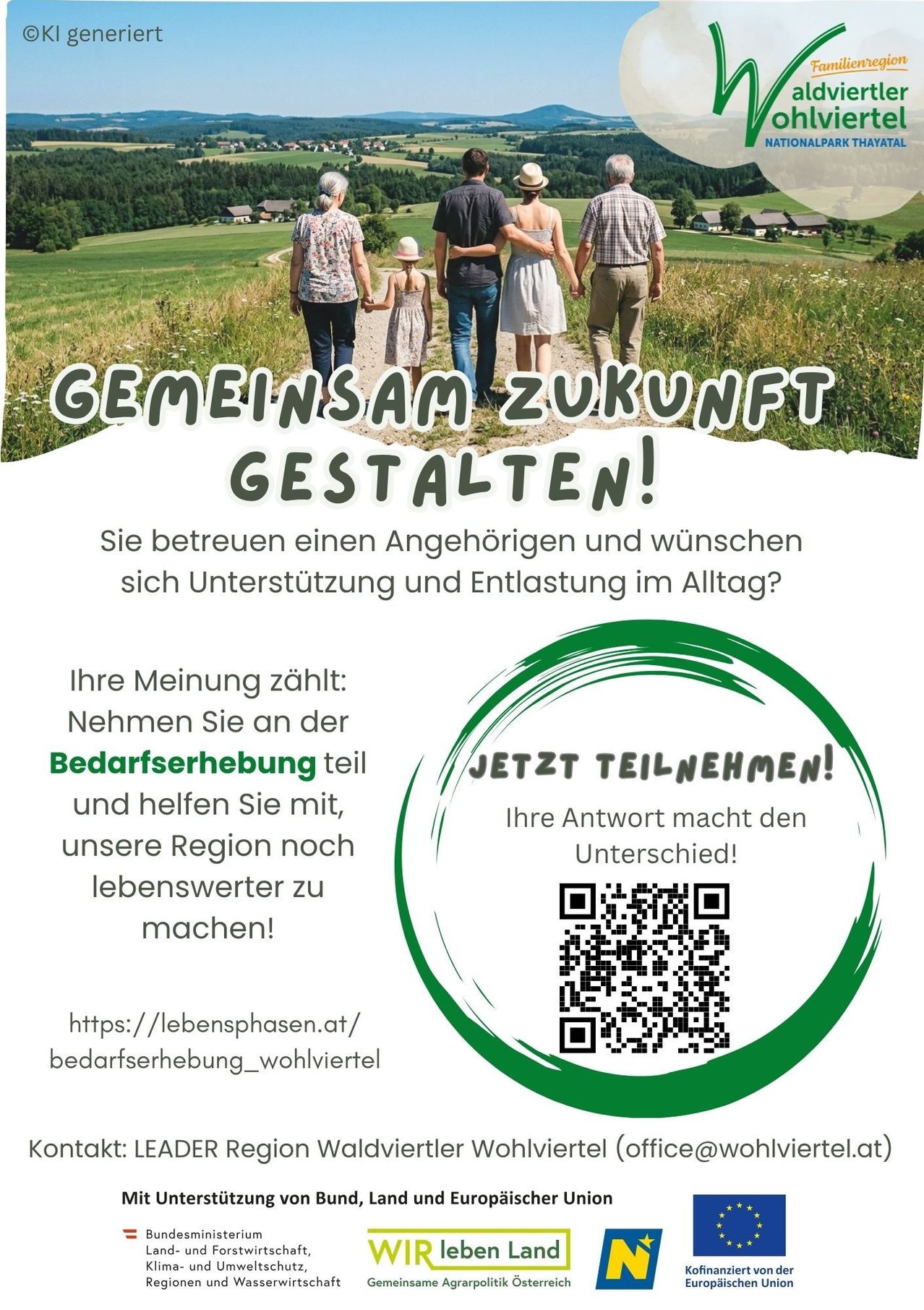 Plakat mit einer Familie, die in einem Feld spazieren geht, und die Teilnahme an einer Umfrage für Unterstützung und Entlastung von Pflegepersonen fördert. QR-Code für den Umfragezugriff.