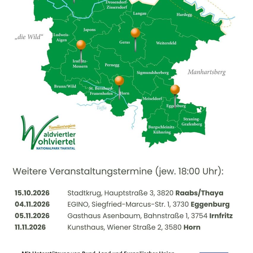 Eine Karte des Nationalparks Thaytal mit hervorgehobenen Orten und Veranstaltungsterminen. Die Karte umfasst Städte wie Drosendorf, Langau und Horn. Veranstaltungen sind für den 15.10.2026, 04.11.2026, 05.11.2026 und 11.11.2026 geplant.