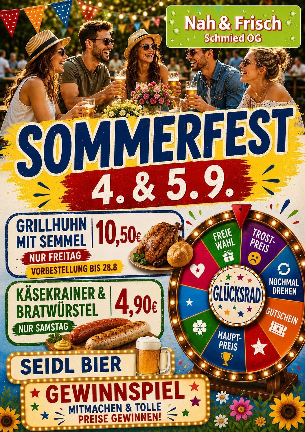 Ein Plakat für Sommerfest, ein Sommerfestival, mit einer Gruppe von Menschen, die Getränke und Essen genießen, mit einem Glücksrad und verschiedenen Essensartikeln aufgelistet.