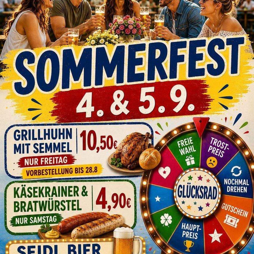 Plakat für ein Sommerfest mit Menschen, die Getränke und Essen genießen, mit einem Glücksrad mit verschiedenen Preisen. Das Event findet am 4. und 5. September statt.