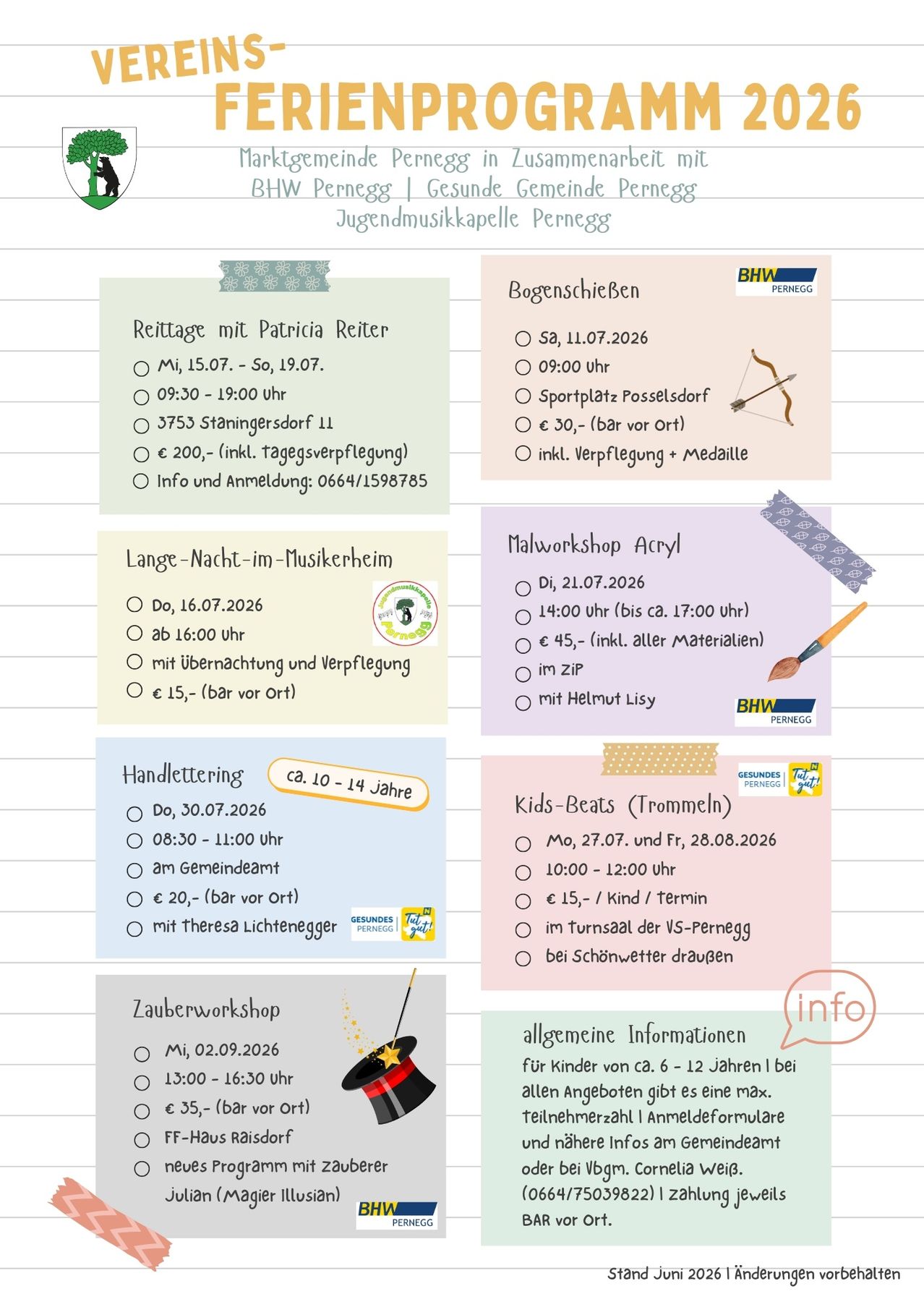 Ein Flyer zeigt Details für verschiedene Aktivitäten bei Jugendmusikkapelle Pernegg. Veranstaltungen umfassen Reiten, Acryl-Malworkshop, Handlettering, Kids-Beats und einen Zauberworkshop. Jede Veranstaltung listet Termine, Uhrzeiten, Gebühren und zusätzliche Informationen auf.