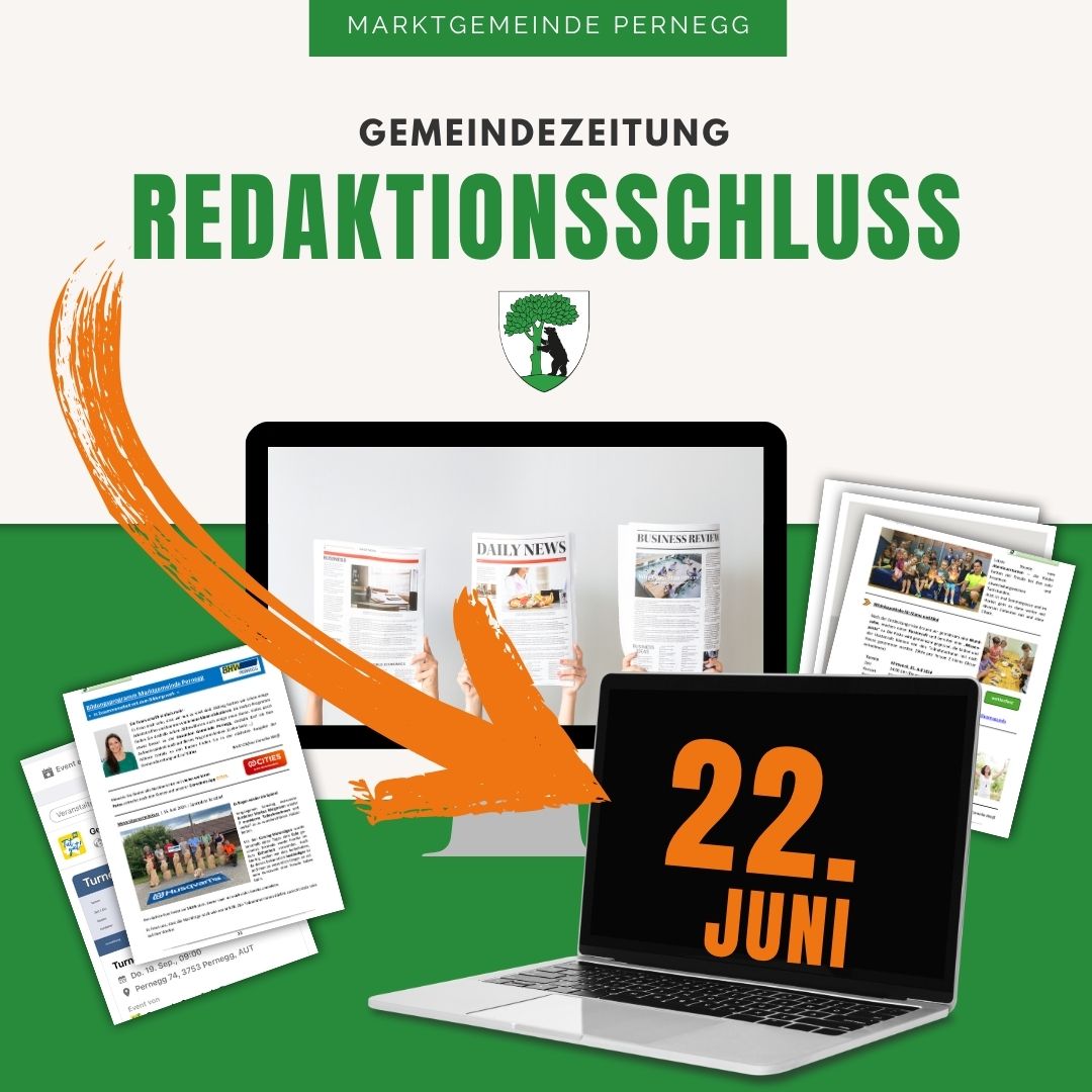 A poster for Gemeindezeitung Redaktionsschluss, featuring a laptop, newspapers, and a logo. The date 22. Juni is displayed on a laptop screen.