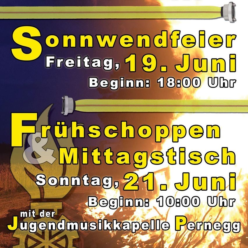 An advertisement for a summer solstice festival on June 19th and a breakfast event on June 21st. The festival begins at 6:00 PM and the breakfast at 10:00 AM.