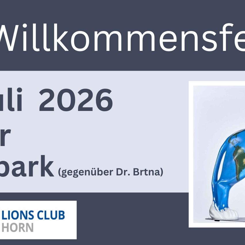 A blue and white lion statue with a world map on its back, against a blue background. Lions Club Horn welcomes 2026.
